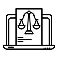ordenador portátil y justicia escala icono, juez y Corte herramientas icono vector