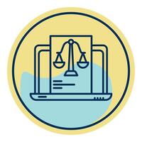 laptop and justice scale icon, judge and court tools icon vector