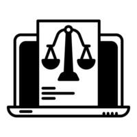 laptop and justice scale icon, judge and court tools icon vector