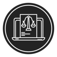 ordenador portátil y justicia escala icono, juez y Corte herramientas icono vector