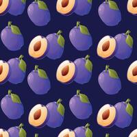 Ripe purple whole plum, and half of the fruit with a pit. seamless cartoon pattern. vector