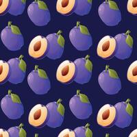Ripe purple whole plum, and half of the fruit with a pit. seamless cartoon pattern. vector