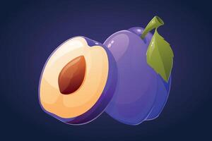 Ripe purple whole plum, and half of the fruit with a pit. isolated cartoon illustration. vector