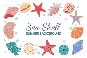 Frame with decorative seashells and starfish. Wreath with sea elements and place for text. Banner template for greeting cards and invitations. Undersea world. Marine background. vector