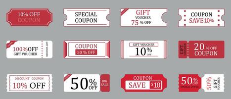 Set of coupons, tickets, gift voucher, discount coupon, save coupon. Coupon card element template for graphic design. Coupons for promotional sales are provided with different discounts. vector