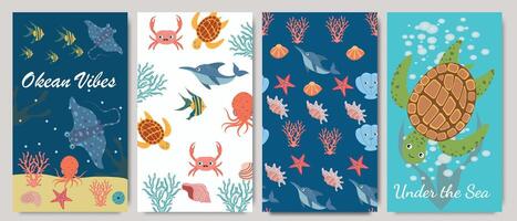 Cute summer sea posters. Turtle, starfish, shell, sea life, ocean design elements for print, poster, card. vector