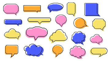 Set of pixel art colorful speech bubbles. Dialogue box in 8 bit style. Modern vintage illustration. Text boxes for chats and games. Various talk balloon shapes in retro 90's style vector