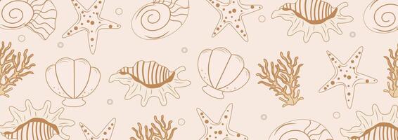 Cute pattern with beach seashells. Ocean exotic tropical underwater shell, aquatic mollusk, sea spiral snail, starfish for banners, cards, flyers, wallpapers, textiles, social media. vector