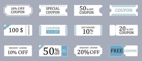 Set of coupons, tickets, gift voucher, discount coupon, save coupon. Coupon card element template for graphic design. Coupons for promotional sales are provided with different discounts. vector