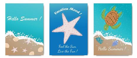 Cute summer sea posters. Turtle, starfish, shell, sea life, ocean design elements for print, poster, card. vector