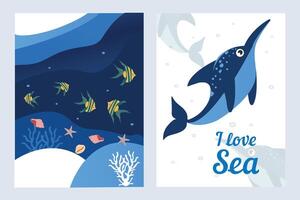 Cute summer sea posters with dolphin and sea shells. Ocean design elements for print, poster, card. vector