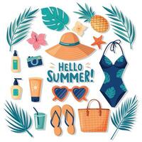 Set summer holiday beach elements. Hello summer lettering. Cartoon illustration. vector