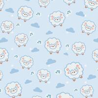 Kawaii Cute Pattern with Sheep and Clouds on Blue Background vector