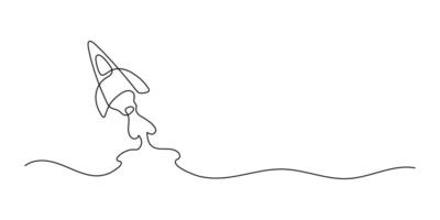 One solid line drawing of a simple flying spaceship. Rocket spaceship launch into the universe concept. Dynamic one line draw design graphic illustration vector