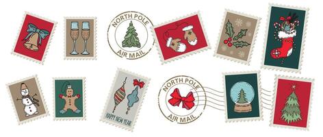 Christmas Stamps hand drawn set. . vector