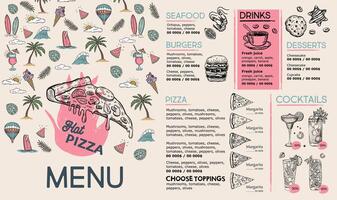 Summer menu, template design. Food flyer. Hand-drawn style. vector