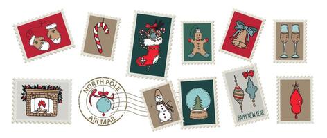 Christmas Stamps hand drawn set. . vector