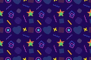 Vibrant Memphis-style seamless pattern with geometric shapes, stars, hearts, and squiggly lines. Perfect for textiles, wallpapers, and digital designs vector