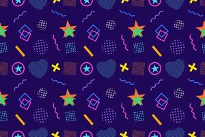 Vibrant Memphis-style seamless pattern with geometric shapes, stars, hearts, and squiggly lines. Perfect for textiles, wallpapers, and digital designs vector