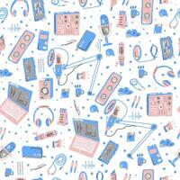 Seamless pattern with podcast technology elemens. vector