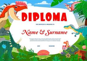 Kids diploma, funny dinosaurs and dino characters vector