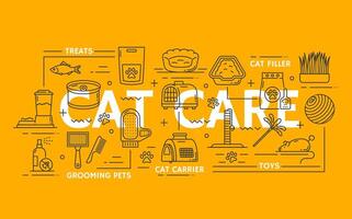 Cat pet care icons. Linear signs set vector