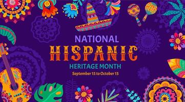 Hispanic heritage month flyer, sombrero and guitar vector