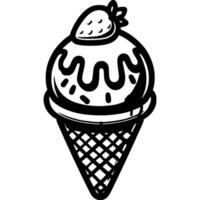 Waffle cone of creamy ice cream decorated with strawberry in monochrome. Icecream frozen dessert. Simple minimalistic in black ink drawing on white background vector