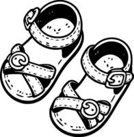 Open sandals decorated with leather buckles in monochrome. Fashionable youth shoes. Simple minimalistic in black ink drawing on white background vector