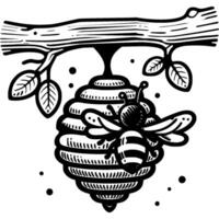 Bee flies to hive hanging on tree branch in monochrome. Wild bee hive. Simple minimalistic in black ink drawing on white background vector