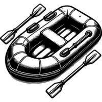 caucho inflable barco con remos en monocromo. transporte para pesca. sencillo minimalista en negro tinta dibujo en blanco antecedentes vector