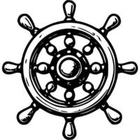 Wooden ship rudder in monochrome. Steering wheel of old ship. Simple minimalistic in black ink drawing on white background vector