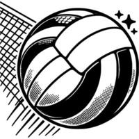 Round volleyball ball flies over net in monochrome. Beach volleyball sports competition. Simple minimalistic in black ink drawing on white background vector