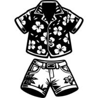 hawaiano floral pantalones cortos y camisa en monocromo. conjunto de verano hombres ropa para playa vacaciones. sencillo minimalista en negro tinta dibujo en blanco antecedentes vector