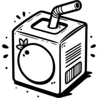 Cardboard box with orange juice and drinking tube in monochrome. Cool summer drink. Simple minimalistic in black ink drawing on white background vector