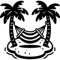 Striped fabric sun lounger stretched between two palm trees on island in monochrome. Beach accessory. Simple minimalistic in black ink drawing on white background vector
