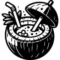 Coconut milkshake in half coconut shell in monochrome. Tropical exotic drink. Simple minimalistic in black ink drawing on white background vector