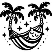 Fairy tale character sleeping in hammock stretched between two palm trees and dreams in monochrome. Children holiday. Simple minimalistic in black ink drawing on white background vector