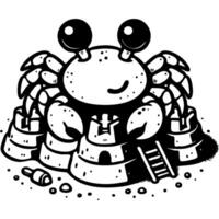 Baby crab builds sand castle on sea beach in monochrome. Children games on beach. Simple minimalistic in black ink drawing on white background vector