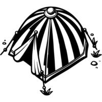 Striped awning circus performance tent in monochrome. Folding tent for circus show. Simple minimalistic in black ink drawing on white background vector