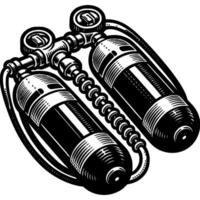 Dual oxygen diver cylinder in monochrome. Spearfishing equipment. Simple minimalistic in black ink drawing on white background vector