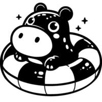 Small hippo child learns to swim on lifebuoy in monochrome. Rules of conduct for children in open water. Simple minimalistic in black ink drawing on white background vector