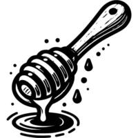 Thick honey dripping down wooden spoon in monochrome. First season honey. Simple minimalistic in black ink drawing on white background vector