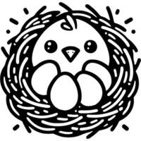 Little bird hatches eggs in nest in monochrome. Symbol of motherhood and family. Simple minimalistic in black ink drawing on white background vector