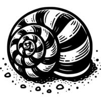 Striped spiral snail in monochrome. Sea mollusk lies on bottom of sea. Simple minimalistic in black ink drawing on white background vector