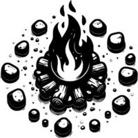 Tourist fire surrounded by stones in circle in monochrome. Traveler burning bonfire. Simple minimalistic in black ink drawing on white background vector