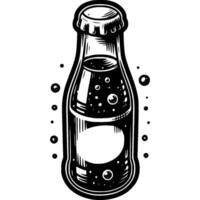 Glass bottle with cap filled with refreshing cola in monochrome. Cool summer drink. Simple minimalistic in black ink drawing on white background vector