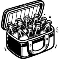 refrigerador bolso en monocromo. abierto enfriador bolso lleno con vaso botellas de frío cerveza. sencillo minimalista en negro tinta dibujo en blanco antecedentes vector