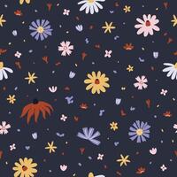 Colorful wild flowers on dark background seamless pattern vector
