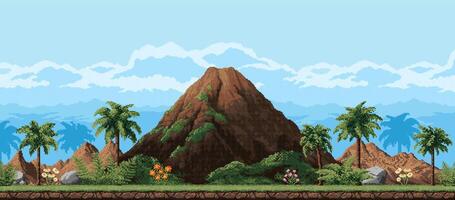 Volcano and mountains 8 bit pixel game landscape vector